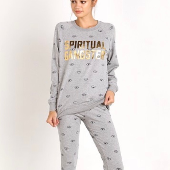 SPIRITUAL GANGSTER Metallic Gold Logo Evil Eye Raglan Sweatshirt - Picture 1 of 11